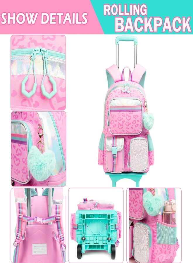Meetbelify Girls' Rolling Backpack with Wheels - Cute Kawaii Carry On Backpack with Lunch Box for Elementary Students - Pink Love - Image 5